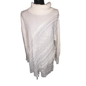 Chicos ladies size 2 US large chunky cable ribbed Fringe cowlneck Boho sweater ￼